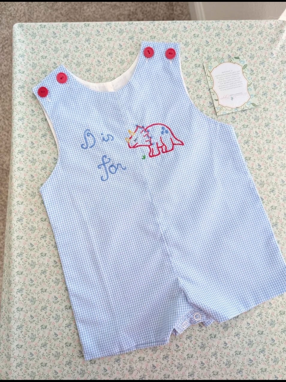 Blue Gingham Embroidered Dinosaur Boys Jon Jon Shortall Romper